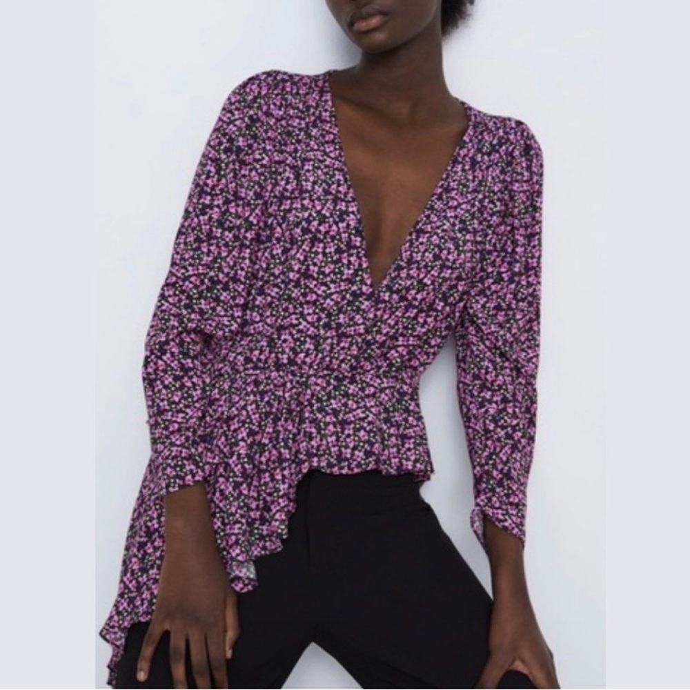 Zara Floral Wrap Front Asymmetrical Hem Peplum Long Sleeve V-Neck Blouse Top